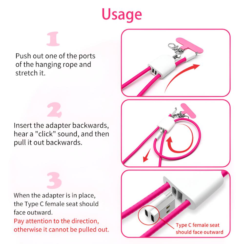 Phone Lanyard Cross Body Cable 4 in 1 – Magenta Pink